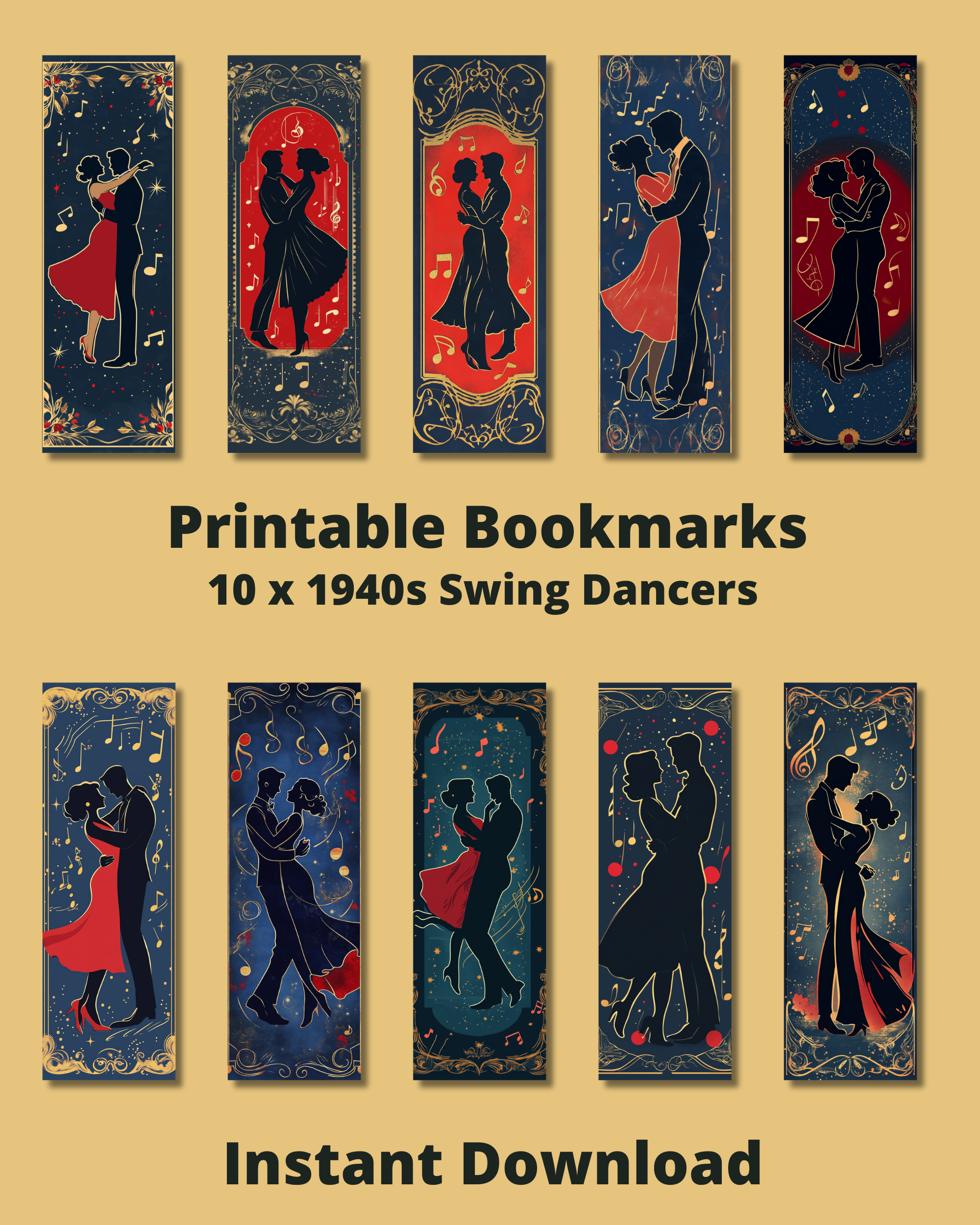 Printable 10 x 1940s Swing Dancers Bookmarks, Instant Download PDF/PNG