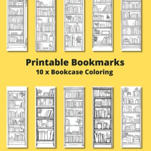 Printable 10 x Bookcase Coloring Bookmarks, Instant Download PDF/JPG