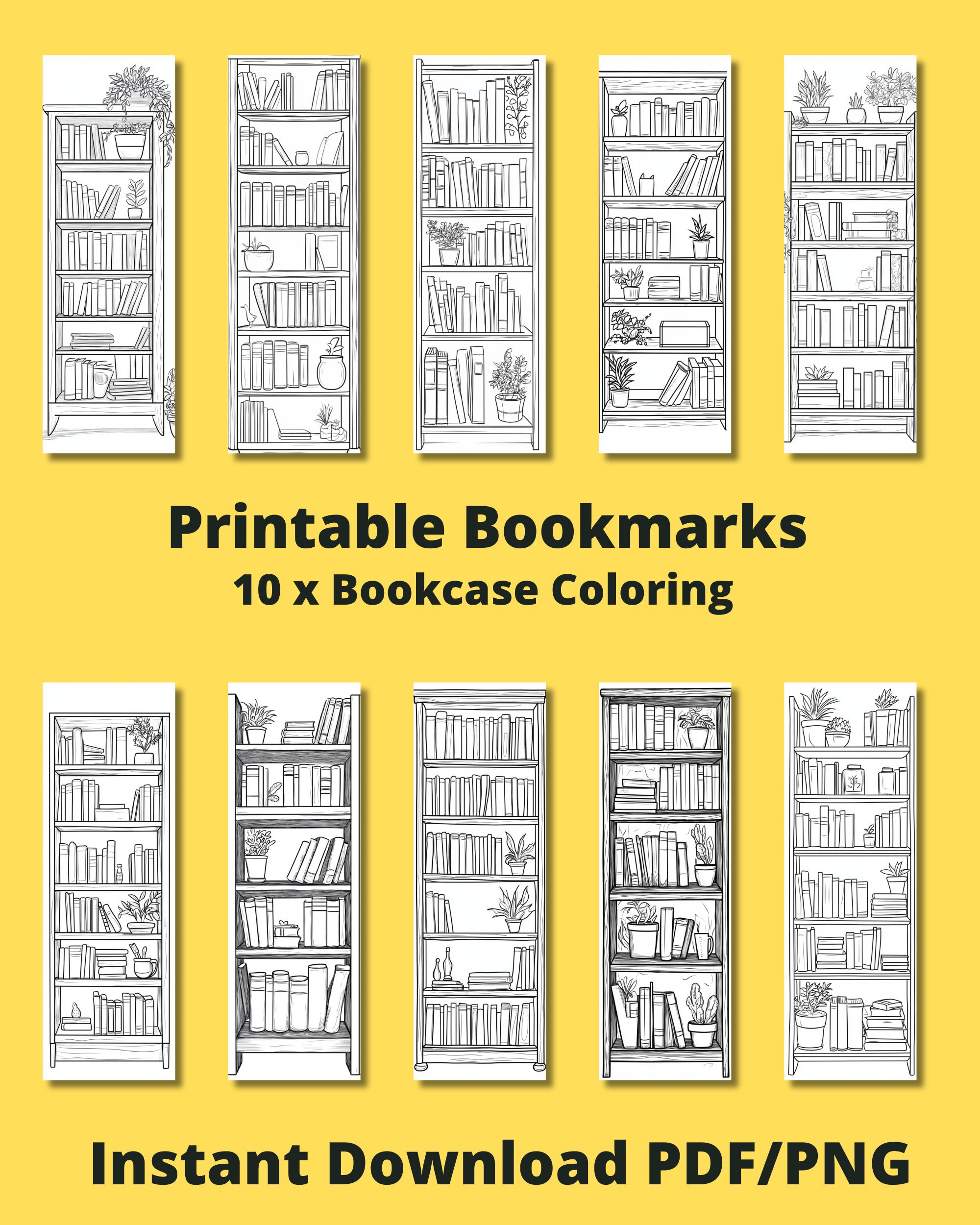 Printable 10 x Bookcase Coloring Bookmarks, Instant Download PDF/JPG