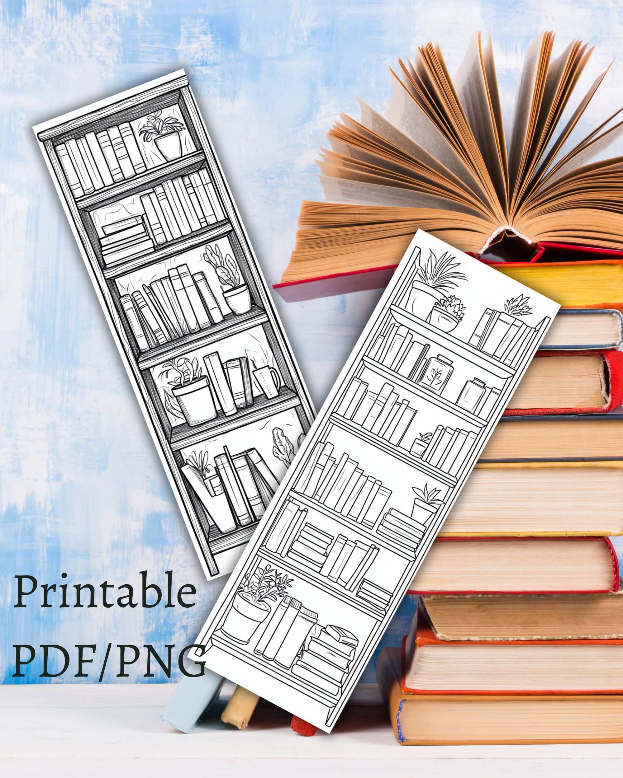 Printable 10 x Bookcase Coloring Bookmarks, Instant Download PDF/JPG - Image 5