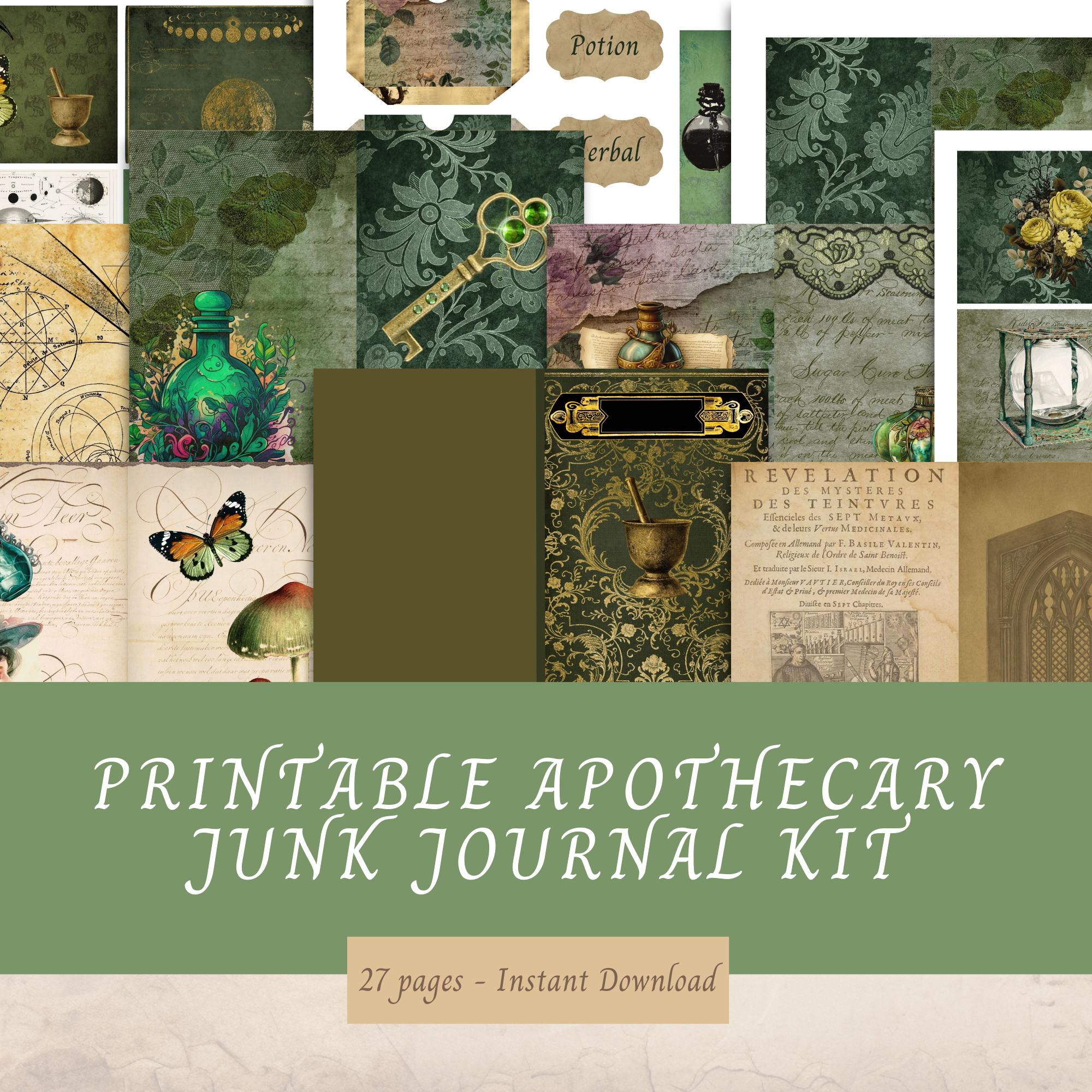 Printable Apothecary Theme Junk Journal Kit, 27 Pages, Book Cover, Papers, Ephemera, Instant Download JPG