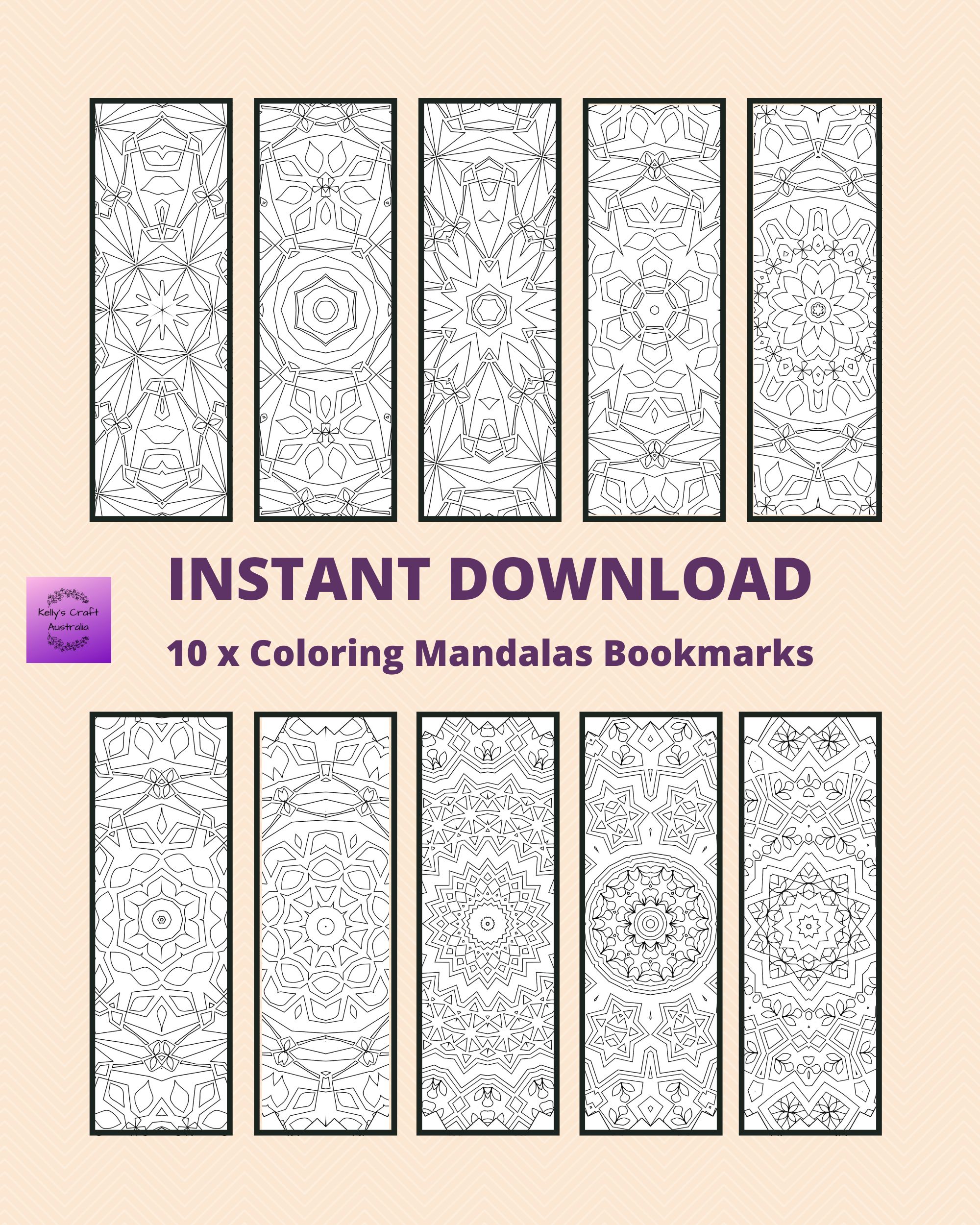 Printable 10 x Mandala Colouring Bookmarks, Instant Download PDF/PNG