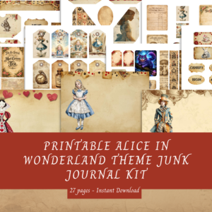 Printable Alice in Wonderland Theme Junk Journal Kit, 27 Pages, Instant Download